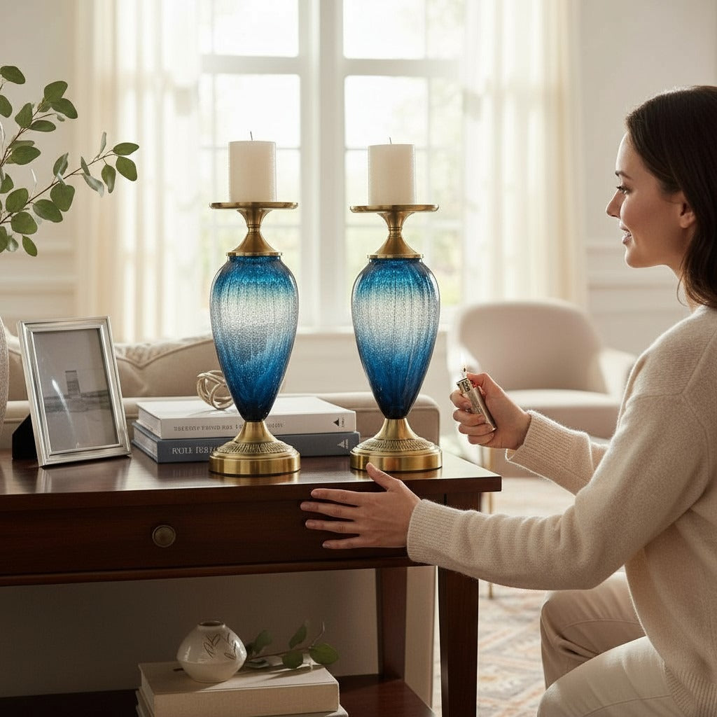 Modern Ocean Blue Brass Candle Stands