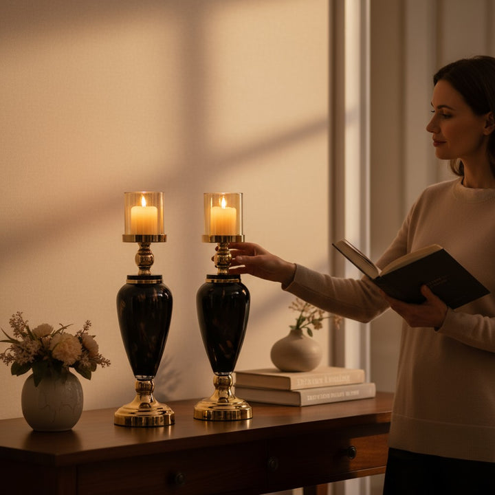 Elegant Black-Gold Ceramic Candle Stands