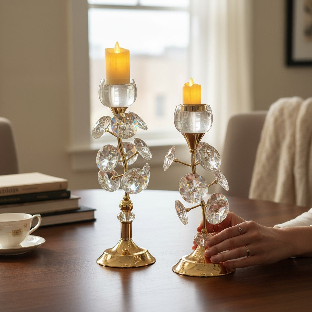 Crystal Lotus Crest Metal & Crystal Candle Stand