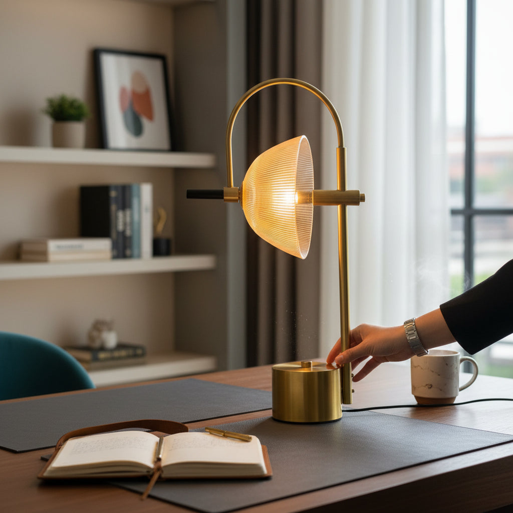Heavy Glass & Brass LED Side Table / Study Lamp