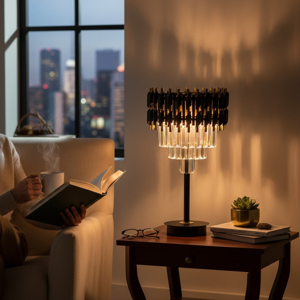 Lunaris Noir Metallic Crystal-Tier Table Lamp