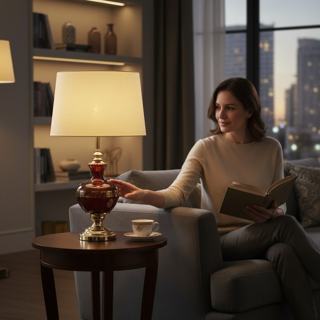 Versace-Style Maroon Side Table Lamp