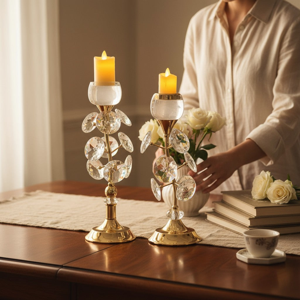Crystal Lotus Crest Metal & Crystal Candle Stand