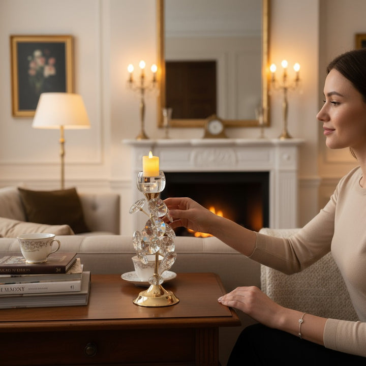 Crystal Lotus Crest Metal & Crystal Candle Stand