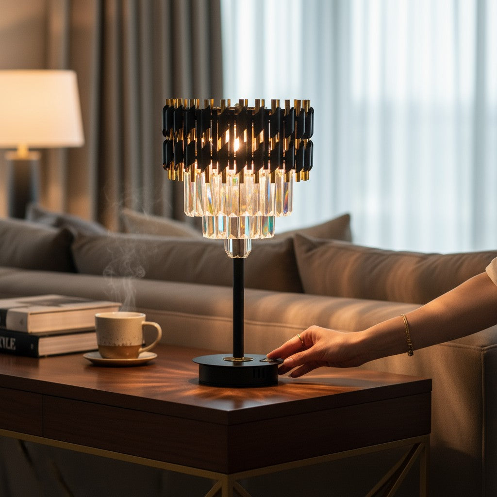 Lunaris Noir Metallic Crystal-Tier Table Lamp
