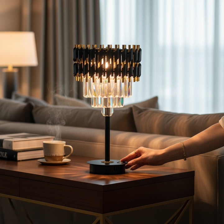 Lunaris Noir Metallic Crystal-Tier Table Lamp