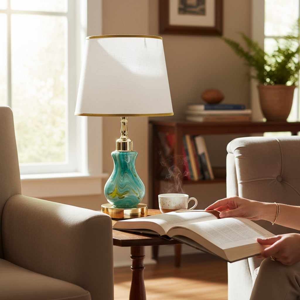 Turquoise Swirl Rose Gold Glass Side Table Lamp